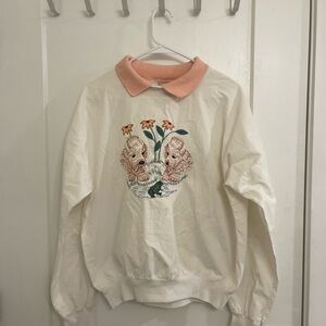 Vintage Folk Art Appliqué Grandmacore Cream Sweatshirt Collar Dog Embroidery